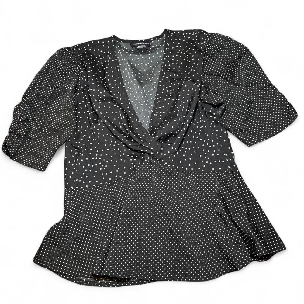 Wednesday’s Girl Blouse S Black White Polka Dot Surplice V Neck Peplum Top